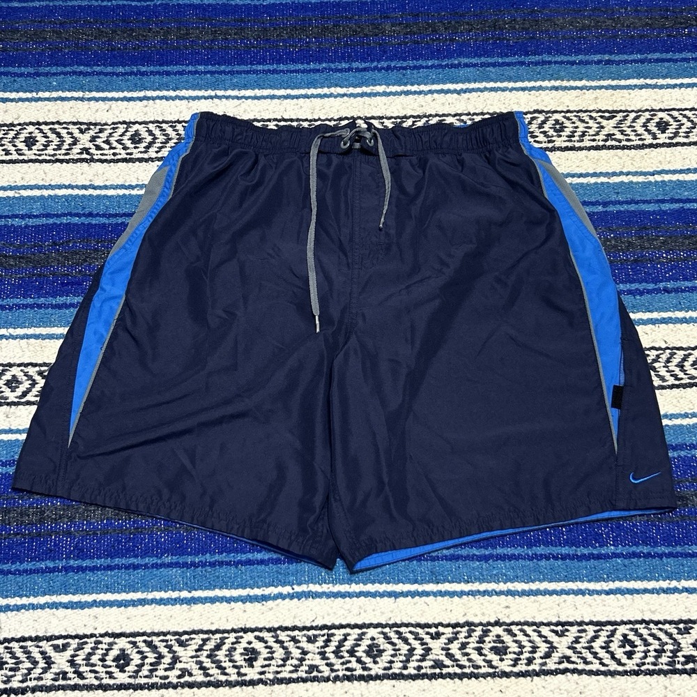 Nike Swimming Trunks Mens Extra Large Elastic Waist Drawstring Blue Color Block